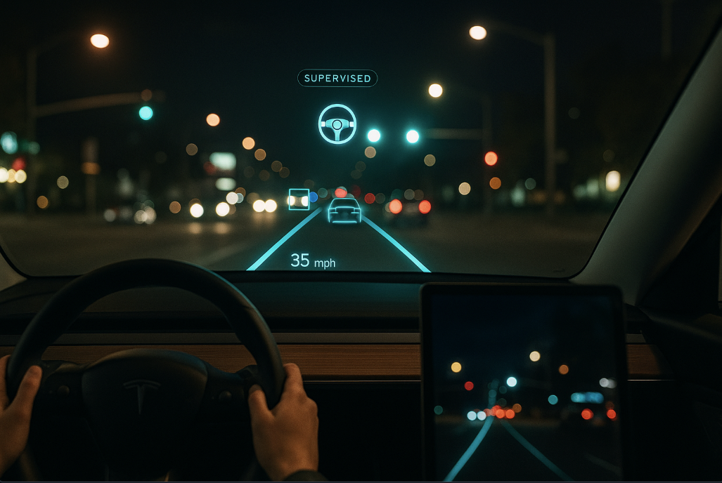 Night driving with Tesla FSD supervised lane and object overlays
